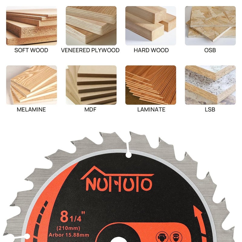 NUTTUTO 2 Pack 8-1/4" 24T&40T Circular Saw Blade, Saw Blade Arbor Size 5/8-inch, TCT ATB for Cutting Wood, Plastic, PVC, Acrylic,by - Image 5